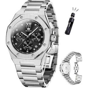 Olevs Men's Silver Black Stain Steel Man Watch with Date Luminous Stylish Watch